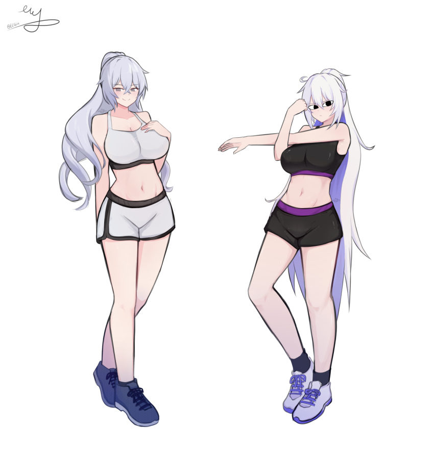 2girls alternate_costume bare_arms bare_legs bare_shoulders black_eyes black_shorts blue_footwear breasts bronya_zaychik cleavage crop_top cross-body_stretch english_commentary eruda_erudia full_body grey_footwear grey_hair hand_on_own_chest highres honkai_(series) honkai_impact_3rd kiana_kaslana large_breasts long_hair looking_at_viewer midriff multiple_girls navel ponytail shoes short_shorts shorts simple_background smile sneakers standing stomach thighs very_long_hair white_background white_hair white_shorts