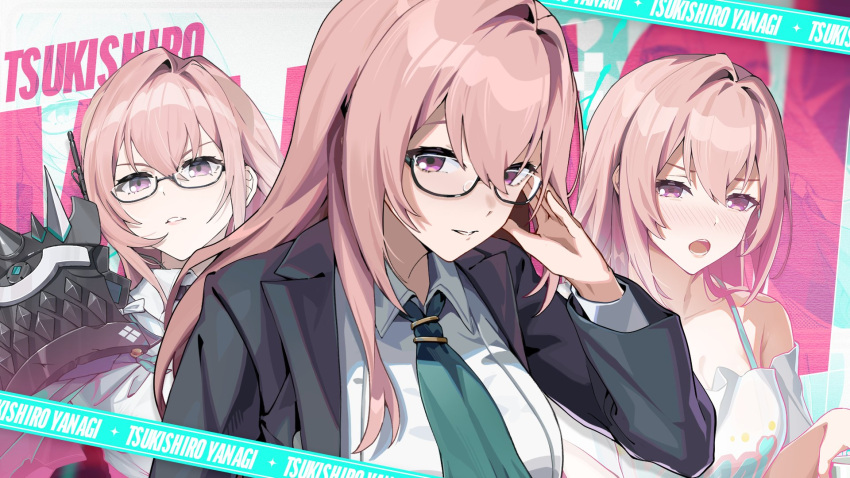 alternate_costume breasts character_name commentary english_commentary english_text female glasses hair_between_eyes highres long_hair looking_at_viewer necktie office_lady official_art open_mouth pink_hair purple_eyes second-party_source shirt sidelocks smile tsukishiro_yanagi white_shirt zenless_zone_zero