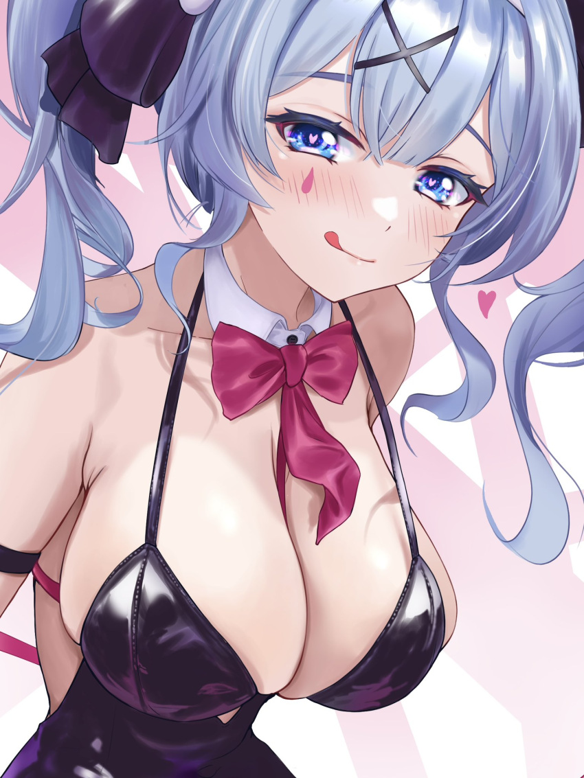 :q armband armpit_crease blue_eyes blush bow breasts cleavage detached_collar gucchimax hair_between_eyes hair_ornament hairbow hatsune_miku heart heart-shaped_pupils highres large_breasts leather_dress rabbit_hole_(vocaloid) red_bow smile symbol-shaped_pupils teardrop_facial_mark tongue tongue_out twintails vocaloid x_hair_ornament