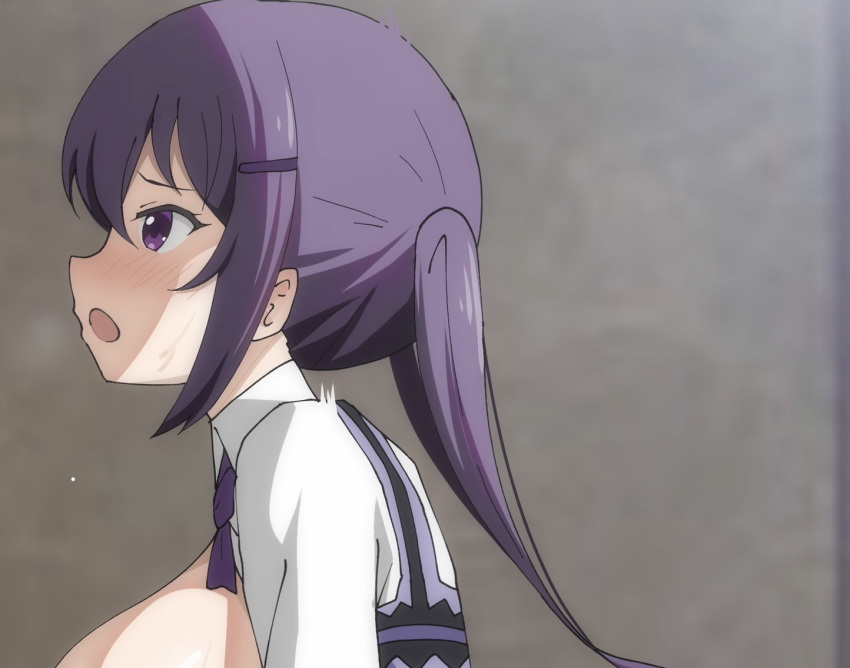 :o blurry blurry_background blush breasts breasts_out collared_shirt female gochuumon_wa_usagi_desu_ka? hair_ornament hairclip long_hair long_sleeves open_clothes open_mouth open_shirt poa_mellhen profile purple_eyes purple_hair purple_vest rabbit_house_uniform shirt sidelocks tedeza_rize twintails vest white_shirt