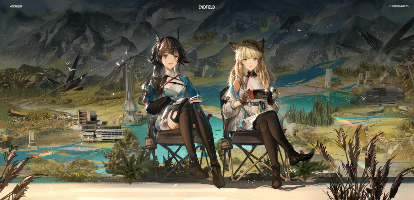 2girls absurdres animal_ears arknights arknights:_endfield bare_shoulders bird bird_ears black_footwear blonde_hair blue_eyes book book_on_lap brown_hair building chair chen_qianyu_(arknights) commentary_request copyright_name crossed_legs dragon_girl dragon_horns dragon_tail dress grass handheld_game_console highres holding holding_handheld_game_console horns ibara_dance jacket long_hair looking_at_viewer mole mole_under_eye mountain mountainous_horizon multiple_girls nintendo_switch off_shoulder open_book open_mouth outdoors pantyhose perlica_(arknights) red_pupils scenery sitting tail thighhighs tower tree water white_dress white_jacket yellow_pupils