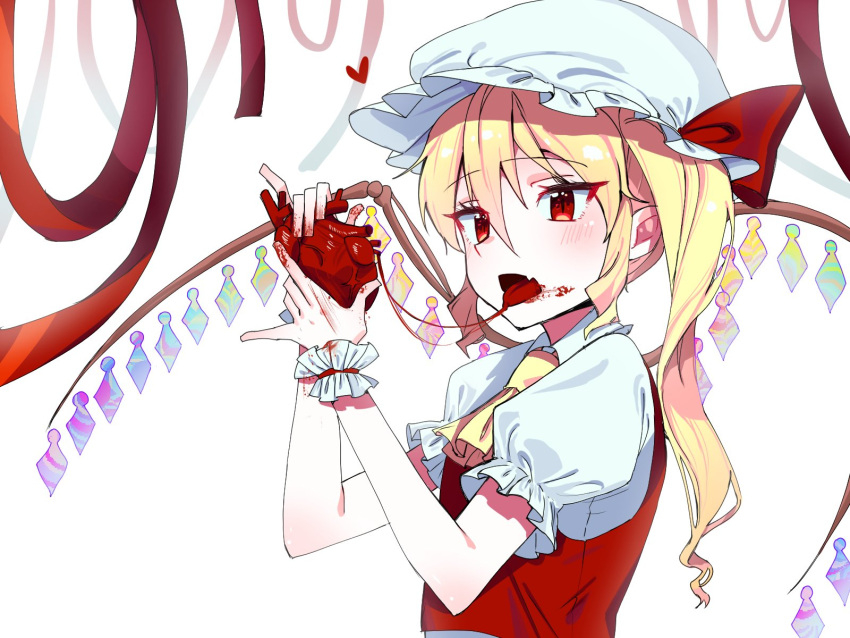 ascot blonde_hair blood blood_on_face blood_on_hands blood_on_tongue crystal female flandre_scarlet hat hat_ribbon heart heart_(organ) highres holding_heart_(organ) mob_cap multicolored_wings oerba_yun_fang one_side_up puffy_short_sleeves puffy_sleeves red_eyes red_ribbon red_vest ribbon saliva saliva_trail scrunchie shirt short_sleeves side_ponytail simple_background skin_fang skirt skirt_set solo touhou vest vuluhappy white_hat white_shirt wings wrist_scrunchie yellow_ascot