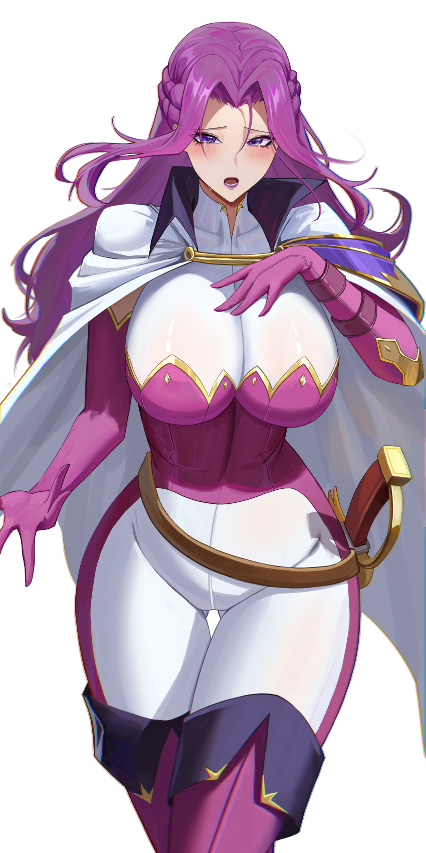 absurdres ass_visible_through_thighs belt blush boots braid breasts brown_belt cape code_geass cornelia_li_britannia detached_sleeves english_commentary female hair_intakes hand_on_own_chest high_collar highres large_breasts long_hair multicolored_pants open_mouth pants purple_eyes purple_hair rasipan sheath sheathed sword thigh_boots weapon white_background white_cape