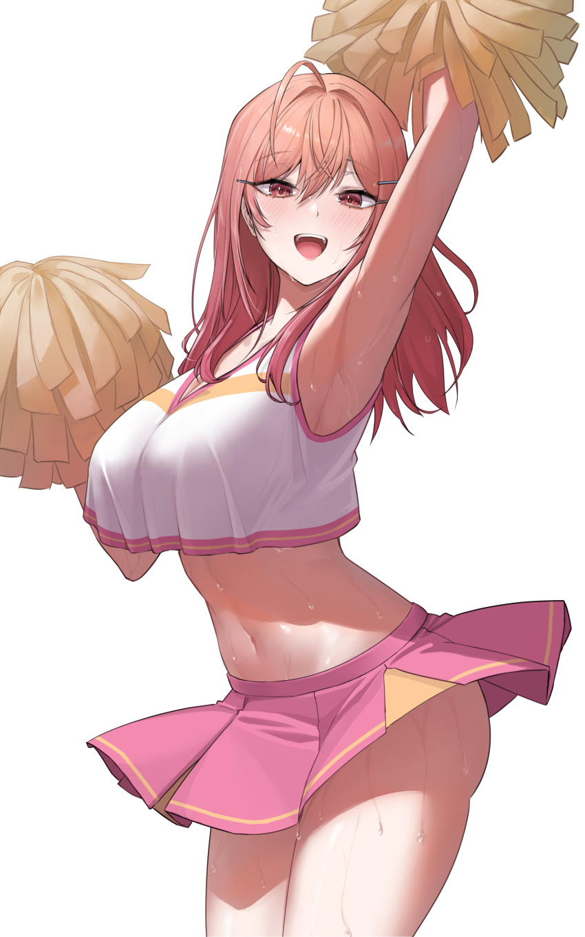 absurdres ahoge armpits ass breasts brown_eyes cheerleader crop_top female gradient_hair hair_between_eyes hair_ornament hairpin highres hololive hololive_dev_is ichijou_ririka large_breasts multicolored_hair navel open_mouth orange_hair pink_hair pom_pom_(cheerleading) simple_background skirt smile solo steelball_(jwk76806995) stomach sweat sweatdrop thighhighs thighs white_background