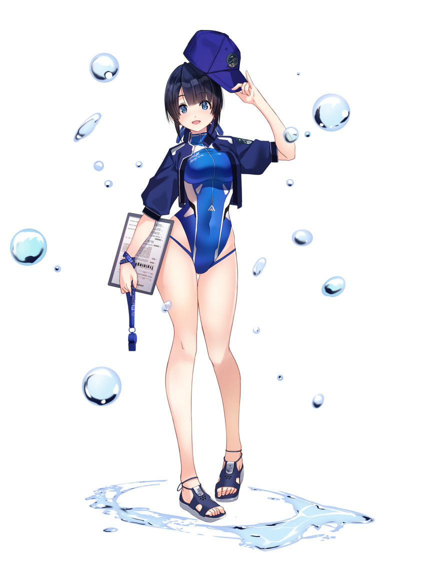 :d black_hair blue_eyes blue_hat breasts bubble covered_navel dairoku_ryouhei female full_body hand_up hat highres holding holding_whistle kakizaka_hachishika medium_breasts nobuko_akizuki one-piece_swimsuit sandals short_hair smile solo standing swimsuit toeless_footwear transparent_background water whistle