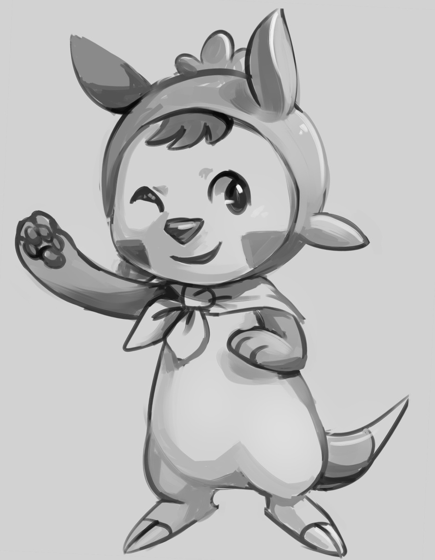 2018 ambiguous_gender biped chespin digital_media_(artwork) flavia-elric generation_6_pokemon greyscale hair hi_res monochrome nintendo one_eye_closed open_mouth open_smile pawpads paws pokemon pokemon_(species) scarf simple_background smile solo standing tail