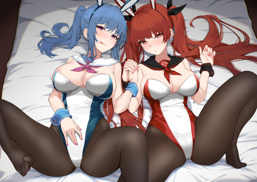 2girls :/ :q animal_ears azur_lane black_pantyhose black_sailor_collar black_wrist_cuffs blue_hair blue_leotard blue_wrist_cuffs blush breasts cleavage closed_mouth covered_navel detached_collar fake_animal_ears from_above furrowed_brow hair_spread_out hairband hakkaman119 half-closed_eyes hands_up high_ponytail highleg highleg_leotard highres holding_hands honolulu_(azur_lane) interlocked_fingers knee_up large_breasts leg_up leotard licking_lips long_hair looking_at_viewer lying multiple_girls nail_polish naughty_face neckerchief no_shoes on_bed pantyhose pink_eyes pink_nails pink_neckerchief playboy_bunny ponytail rabbit_ears red_eyes red_hair red_leotard red_nails red_neckerchief sailor_collar sidelocks spread_legs st._louis_(azur_lane) strapless strapless_leotard swept_bangs toes tongue tongue_out twintails white_leotard white_sailor_collar wrist_cuffs