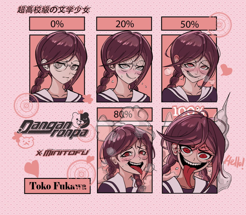 absurdres black_serafuku blush braid brown_hair clenched_teeth danganronpa:_trigger_happy_havoc danganronpa_(series) dual_persona female flustered fukawa_toko genocider_shou glasses heart highres jimiko long_hair long_tongue looking_at_viewer minitofu mole mole_under_mouth monokuma open_mouth percentage red_eyes round_eyewear school_uniform serafuku shirt smile solo solo_focus teeth tongue tongue_out transformation translated twin_braids twintails