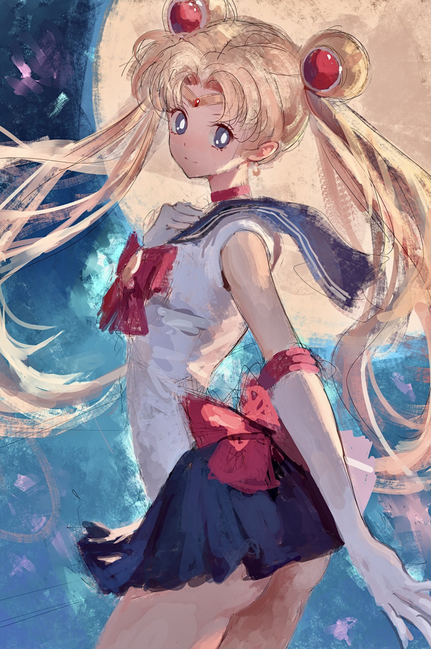 ass bishoujo_senshi_sailor_moon blonde_hair blue_eyes blue_sailor_collar blue_skirt bow choker double_bun earrings elbow_gloves female fuyumurasaki gloves hair_bun highres jewelry long_hair magical_girl moon night red_bow red_choker sailor_collar sailor_moon sailor_senshi_uniform shirt skirt solo twintails white_gloves white_shirt