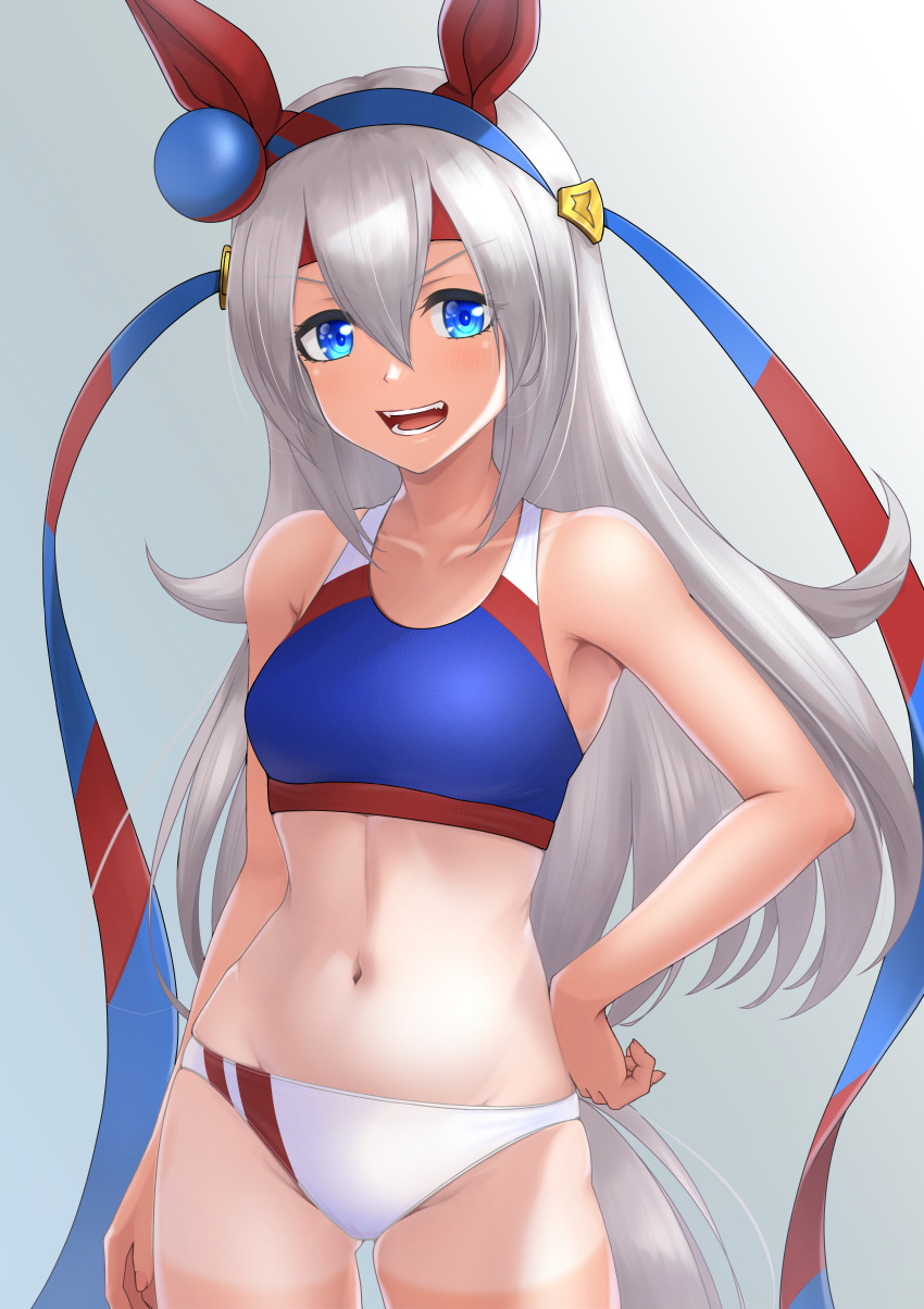 absurdres animal_ears bare_shoulders blue_eyes blue_hairband blue_sports_bra commentary_request ear_covers ear_ornament female grey_background grey_hair hair_between_eyes hair_ornament hairband hand_on_own_hip headband highres horse_ears horse_girl horse_tail long_hair navel open_mouth oryou_gunsou panties red_hairband simple_background smile solo sports_bra stomach tail tamamo_cross_(umamusume) tan tanlines two-tone_hairband umamusume underwear v-shaped_eyebrows very_long_hair white_panties