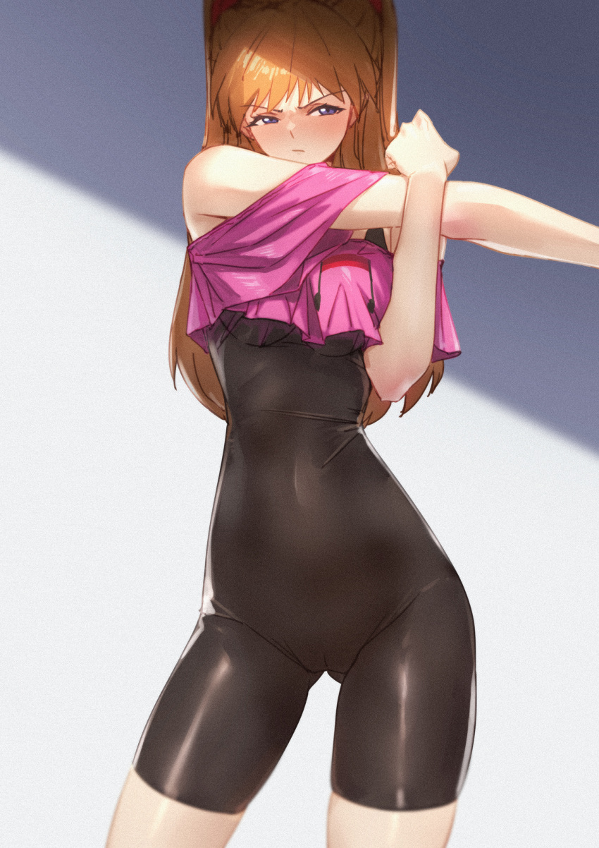 ass_visible_through_thighs black_unitard breasts brown_hair cameltoe covered_navel crop_top crop_top_overhang female highres long_hair looking_to_the_side neon_genesis_evangelion off_shoulder official_alternate_costume qingmingtongzi solo souryuu_asuka_langley stretching thigh_gap unitard