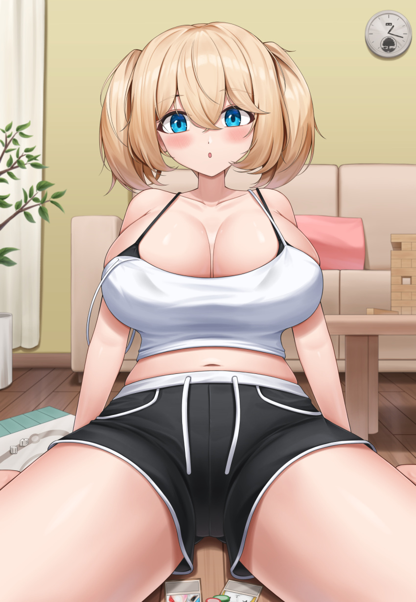 :o arm_support bare_arms black_bra black_shorts blonde_hair blue_eyes blush bra breasts camisole cleavage clock collarbone crossed_bangs curtains ella_of_the_sky female hair_between_eyes highres indoors large_breasts last_origin lazb. looking_at_viewer navel open_mouth short_hair short_shorts shorts sitting solo strap_slip thighs twintails underwear wall_clock white_camisole wooden_floor