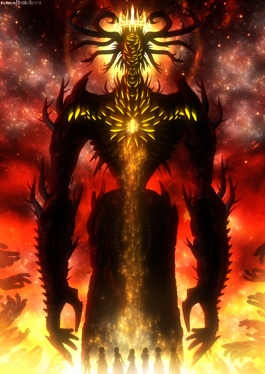 2022 5_fingers absurd_res antlers arm_spikes artist_name black_and_red_and_yellow bluewolfartista chest_eye clothing cosmic_background cosmic_horror crown curled_horn deity demon digital_media_(artwork) digital_painting_(artwork) dress eldritch_abomination empty_eyes female fingers fire glowing_crown halftone headgear hi_res horn horned_humanoid horror_(theme) human humanoid humanoid_focus king larger_humanoid larger_male macro male male_focus mammal multi_eye multi_horn nebula neck_eye neck_spikes restricted_palette royalty scp-231 scp-231-1 scp-231-2 scp-231-3 scp-231-4 scp-231-5 scp-231-6 scp-231-7 scp_foundation shoulder_spikes silhouette size_difference small_waist smaller_female smaller_human solo solo_focus spikes spikes_(anatomy) the_scarlet_king_(scp) yellow_eyes yellow_glow