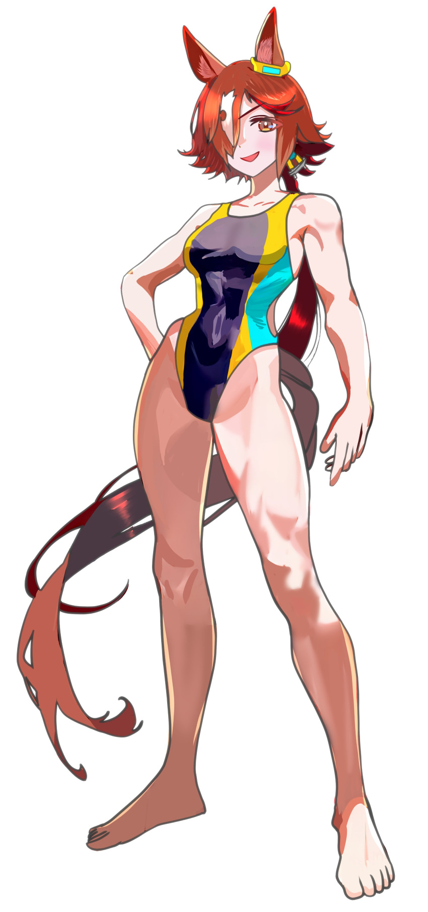 absurdres alternate_costume animal_ears bare_shoulders barefoot blush breasts brown_eyes brown_hair competition_swimsuit ear_ornament female full_body hair_between_eyes hair_ornament hair_over_one_eye hand_on_own_hip highres horse_ears horse_girl horse_tail kisaragi_shokuin long_hair looking_at_viewer multicolored_clothes multicolored_hair multicolored_swimsuit one-piece_swimsuit open_mouth simple_background small_breasts smile solo streaked_hair swimsuit tail umamusume v-shaped_eyebrows vodka_(umamusume) white_background white_hair yellow_one-piece_swimsuit