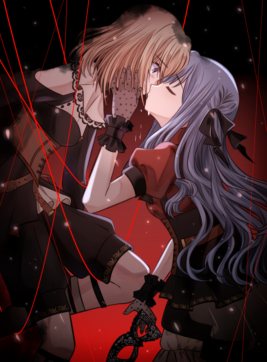 2girls absurdres bang_dream! bang_dream!_it's_mygo!!!!! black_background black_dress black_gloves black_ribbon black_shorts black_skirt blonde_hair blue_hair blush closed_eyes collared_shirt commentary_request domino_mask dress gloves gradient_background hair_ribbon highres kissing long_hair long_sleeves looking_at_another mask medium_hair misumi_uika multiple_girls puppet_strings red_background red_shirt ribbon seine_(hanamukes) shirt short_sleeves shorts skirt togawa_sakiko two_side_up unworn_mask yuri