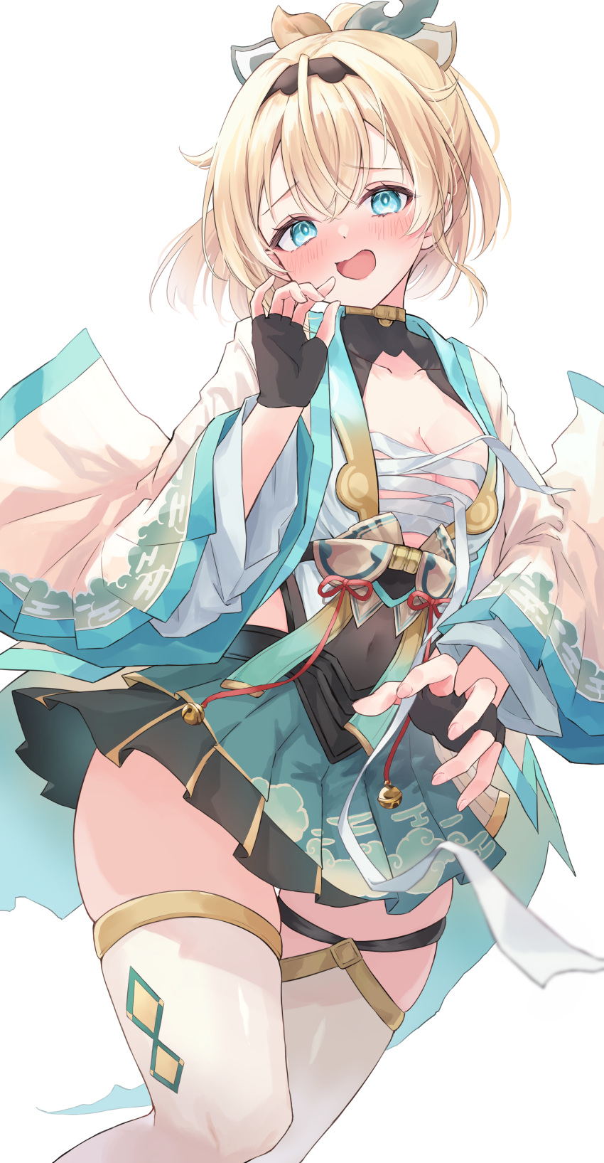 absurdres aoha_(aohasora) aqua_eyes black_gloves black_hairband blonde_hair blush bow breasts chest_sarashi cleavage commentary covered_navel double-parted_bangs egasumi female fingerless_gloves gloves green_skirt hair_between_eyes hairband hairbow hand_up haori high_collar highres hololive japanese_clothes kazama_iroha kazama_iroha_(1st_costume) long_sleeves looking_at_viewer medium_hair miniskirt multicolored_bow open_mouth pleated_skirt ponytail print_skirt sarashi simple_background skirt solo tabi thigh_strap thighhighs variant_set virtual_youtuber white_background white_thighhighs wide_sleeves yellow_haori