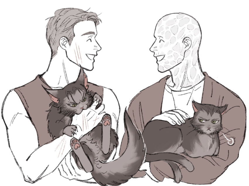 2boys ^_^ angry animal animalization bald biting biting_another's_hand brown_cat brown_hair claws closed_eyes deadpool deadpool_&_wolverine deadpool_(series) dual_persona english_commentary feline fillinthe_gap green_eyes grin holding holding_animal holding_cat long_sleeves male_focus marvel marvel_cinematic_universe multiple_boys muscular petting puff_of_air scar scars_all_over scratches scratching shirt short_hair sleeveless smile whiskers wolverine_(x-men) x-men x-men_film_series x-men_origins:_wolverine