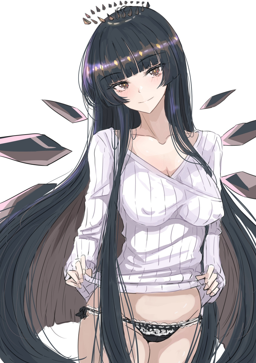 absurdres arknights black_hair black_halo black_pantyhose broken_halo brown_eyes brown_hair clothes_lift collarbone colored_inner_hair covered_nipples dark_halo female frilled_panties frills groin hair_over_shoulder halo highres hime_cut ken_(shutenndouji1) long_hair long_sleeves multicolored_hair panties pantyhose ribbed_sweater shirt_lift simple_background sleeves_past_wrists smile solo sweater thighs underwear virtuosa_(arknights) white_background white_sweater