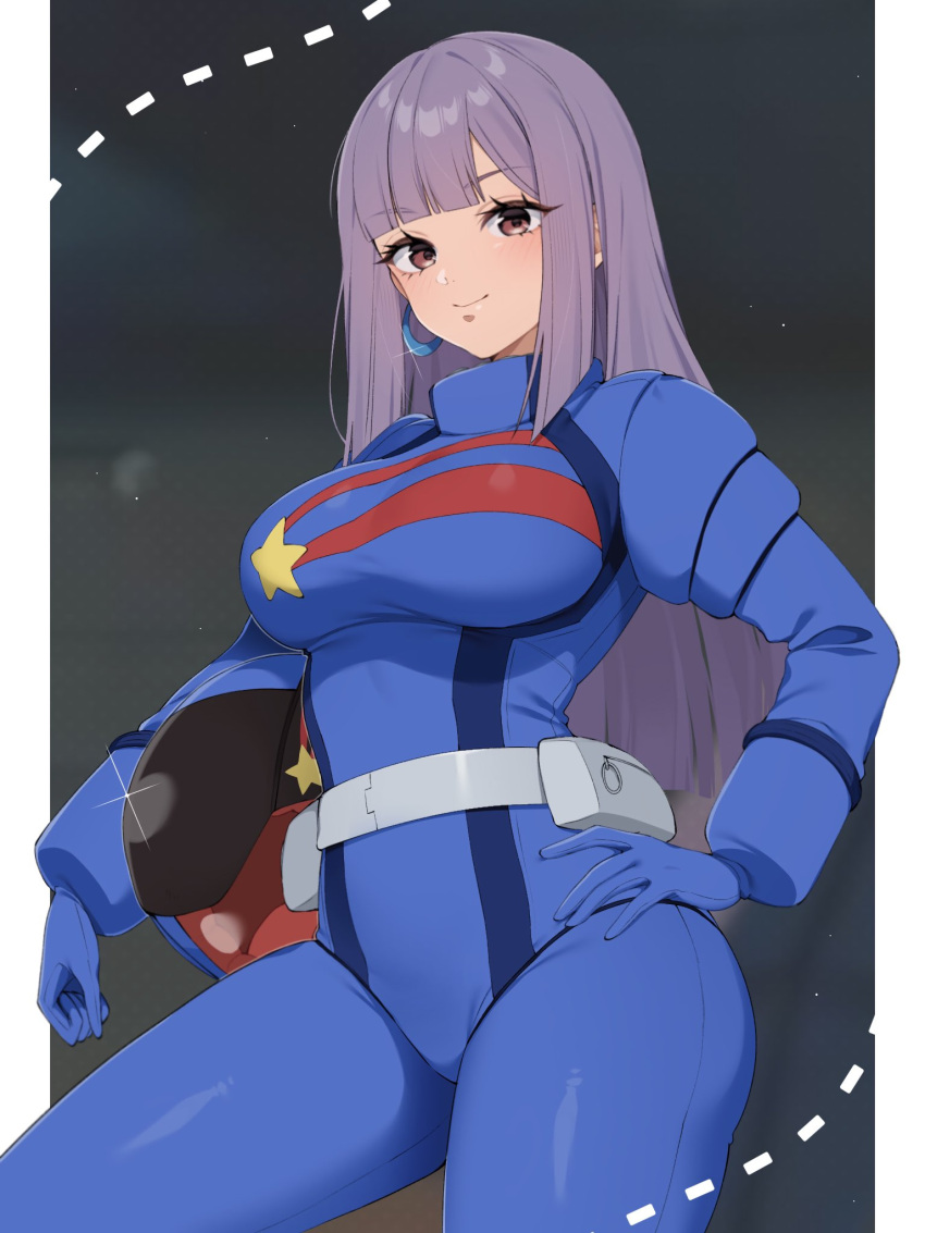 blue_bodysuit blunt_bangs bodysuit breasts campbell_xx carrying carrying_under_arm closed_mouth commentary_request cowboy_shot earrings female gundam gundam_zz hand_on_own_hip helm helmet highres hoop_earrings jewelry large_breasts long_hair looking_at_viewer purple_hair red_eyes roux_louka smile solo unworn_headwear unworn_helmet