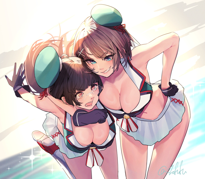 absurdres aqua_hat beret black_gloves black_hair blue_eyes blush breasts brown_hair choukai_(kancolle) choukai_kai_ni_(kancolle) cleavage day female fuwafuwatoufu glasses gloves gradient_clothes gradient_skirt green_hat hair_ornament hairclip hat hat_ribbon headgear highres kantai_collection large_breasts long_hair maya_(kancolle) maya_kai_ni_(kancolle) midriff mini_hat navel ocean open_mouth pleated_skirt ribbon rimless_eyewear school_uniform short_hair skirt sleeveless smile surprised twitter_username water white_skirt x_hair_ornament