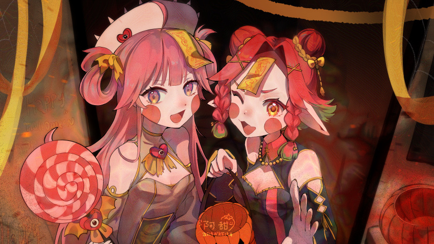 2girls :d ;d absurdres atian_(qaz530338) black_survival blush_stickers braid breasts candy character_request choker cleavage detached_sleeves double_bun eleven_(black_survival) eternal_return:_black_survival food freckles green_hair hair_bun hair_ornament hair_rings halloween happy_halloween hat highres jiangshi_costume lollipop long_hair looking_at_viewer multiple_girls nurse_cap ofuda ofuda_on_head one_eye_closed parted_bangs pink_hair red_hair small_breasts smile streamers twin_braids white_hat x_hair_ornament yellow_eyes