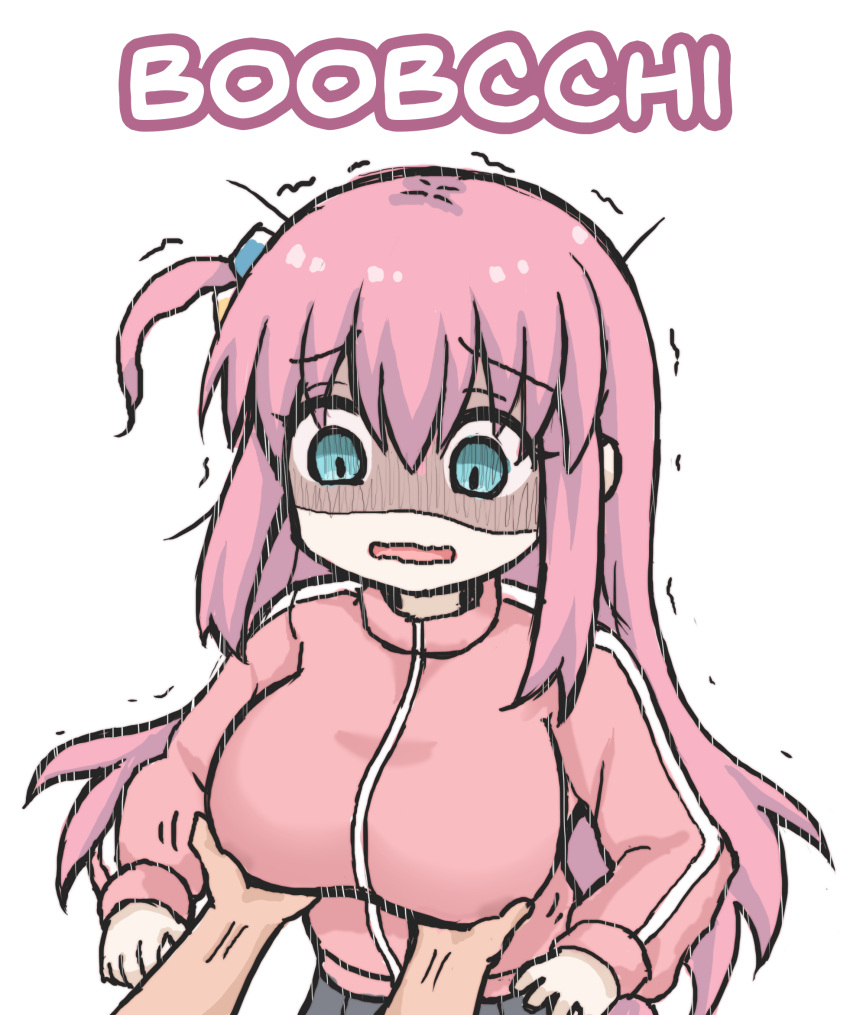 blue_eyes bocchi_the_rock! breasts cube_hair_ornament english_text female gotoh_hitori grabbing_another's_breast greenteaneko groping hair_between_eyes hair_ornament highres jacket large_breasts long_hair long_sleeves one_side_up open_mouth pink_hair pink_jacket simple_background solo_focus track_jacket trembling white_background