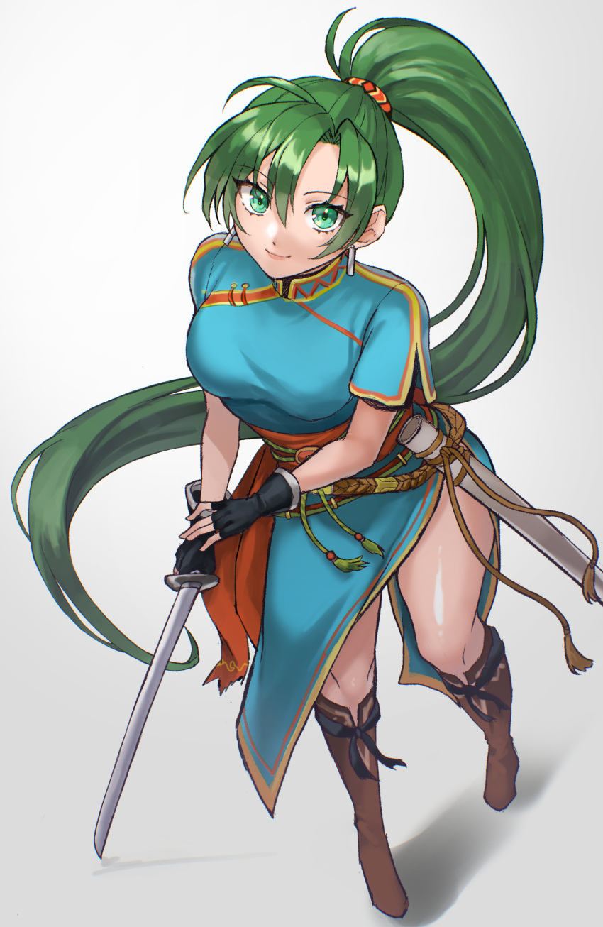 absurdres aqua_dress boots breasts brown_footwear dress earrings female fire_emblem fire_emblem:_the_blazing_blade full_body green_eyes green_hair hazuki_(nyorosuke) high_ponytail highres holding holding_sword holding_weapon jewelry katana large_breasts long_hair looking_at_viewer lyn_(fire_emblem) smile solo sword weapon