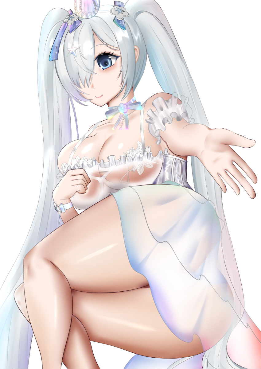 armpit_cutout blue_eyes blush bodysuit breasts cinderella cinderella_(glass_princess)_(nikke) cinderella_(nikke) cinderella_(vocaloid) clothing_cutout crown dress female goddess_(nikke) goddess_of_victory:_nikke hair_over_one_eye highres jewelry large_breasts long_hair looking_at_viewer mini_crown princess see-through_clothes see-through_skirt shiny_eyes skirt smile solo sussix very_long_hair white_background white_bodysuit