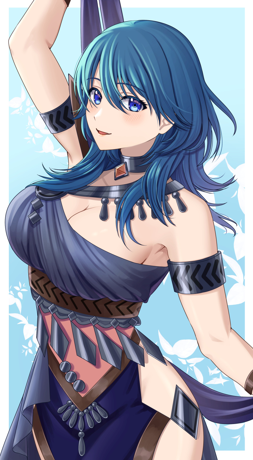 absurdres ancient_greek_clothes armlet armpits bare_hips bare_shoulders belly_dancing blue_eyes blue_hair breasts byleth_(female)_(fire_emblem) byleth_(fire_emblem) cleavage dancer dancer_(fire_emblem:_three_houses) dress female fire_emblem fire_emblem:_three_houses greco-roman_clothes groin hair_between_eyes highres jewelry large_breasts long_hair neck_ring pelvic_curtain shiny_skin single-shoulder_dress smile solo ushiroki