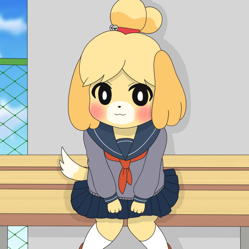 1:1 absurd_res animal_crossing asian_clothing black_eyes canid canine canis clothing domestic_dog east_asian_clothing female hi_res isabelle_(animal_crossing) japanese_clothing japanese_school_uniform kawaiirosiechan mammal nintendo school school_uniform solo uniform yellow_body