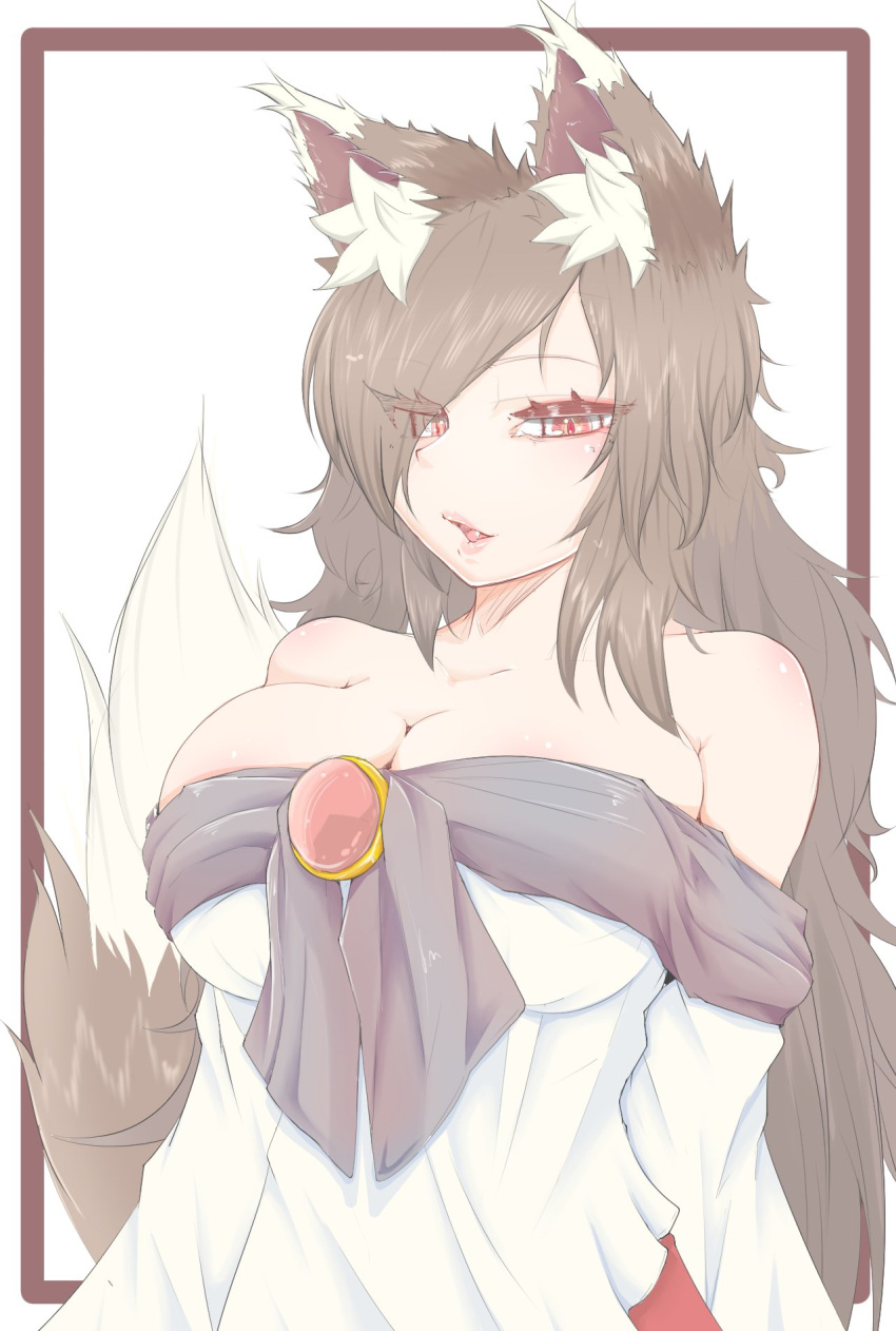 animal_ears breasts brown_hair cleavage cube85 female hair_over_one_eye highres imaizumi_kagerou large_breasts long_hair looking_at_viewer off_shoulder open_mouth red_eyes simple_background solo tail touhou upper_body white_background wolf_ears wolf_girl wolf_tail