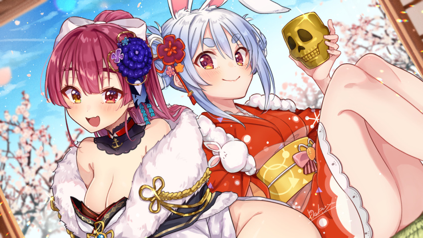 2girls :d anchor_choker animal_ears blue_hair blue_sky blush breasts cherry_blossoms cleavage commentary_request dakuryuu day dokuro-kun_(houshou_marine) dutch_angle extra_ears flower hair_flower hair_ornament heterochromia highres hololive houshou_marine houshou_marine_(new_year) japanese_clothes kanzashi kimono large_breasts long_hair looking_at_viewer multiple_girls new_year ponytail rabbit_ears rabbit_girl red_eyes red_hair signature sitting sky smile usada_pekora usada_pekora_(new_year) virtual_youtuber yellow_eyes