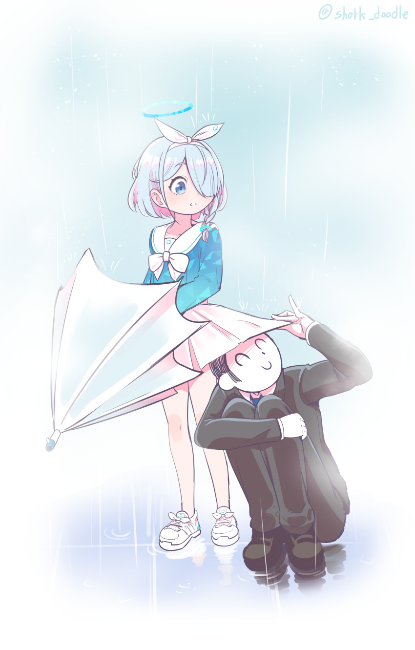 1boy absurdres aqua_eyes aqua_hair arona_(blue_archive) blue_archive braid business_suit clothes_lift colored_inner_hair doodle_sensei_(blue_archive) doodle_shark female formal hair_ornament highres holding holding_umbrella improvised_umbrella long_sleeves looking_at_another mixed-language_commentary multicolored_hair necktie parted_lips pleated_skirt rain school_uniform sensei_(blue_archive) shoes short_hair sidelocks single_braid skirt skirt_lift sneakers squatting suit surprised umbrella