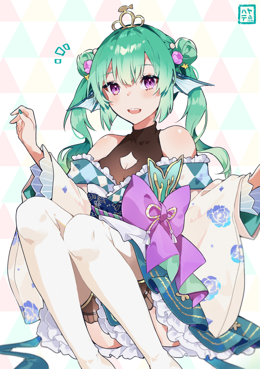 :d absurdres black_leotard blush brown_kimono commentary double_bun english_commentary feet_out_of_frame female finana_ryugu finana_ryugu_(2nd_costume) fins fish_girl floral_print flower green_hair green_nails green_skirt hair_between_eyes hair_bun hair_flower hair_ornament hayate_fish head_fins highres japanese_clothes kimono knees_up leotard leotard_under_clothes long_hair long_sleeves looking_at_viewer nail_polish nijisanji nijisanji_en notice_lines obi off_shoulder pink_flower pleated_skirt print_kimono purple_eyes rose_print sash skirt smile solo thighhighs tiara twintails virtual_youtuber white_thighhighs wide_sleeves