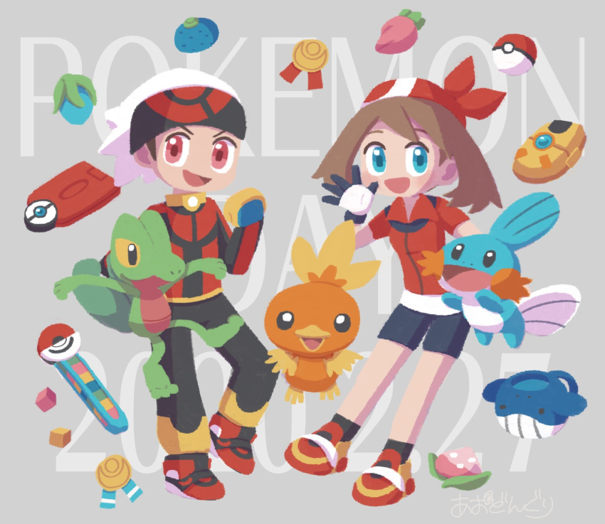 1boy :d aodonguri bad_id bad_pixiv_id berry_(pokemon) bird black_socks blue_eyes breasts brendan_(pokemon) commentary_request female food fruit gloves highres jumping long_sleeves may_(pokemon) medal mudkip open_mouth oran_berry pecha_berry persim_berry poke_ball poke_ball_(basic) pokeblock pokeblock_case pokedex pokemon pokemon_(creature) pokemon_rse pokenav rawst_berry shoes short_sleeves small_breasts smile socks starter_pokemon_trio torchic treecko wailmer wailmer_pail yellow_eyes