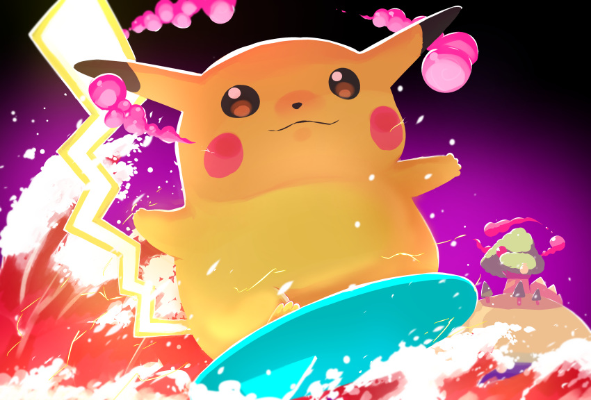 :3 a-kiraa_(whisper) absurdres black_background black_eyes closed_mouth commentary_request gigantamax gigantamax_pikachu gigantamax_snorlax highres looking_at_viewer no_humans pikachu pokemon pokemon_(creature) simple_background snorlax solo_focus surfboard surfing surfing_pikachu tree water