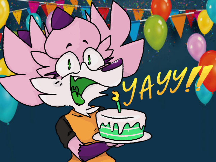 4:3 anthro balloon birthday birthday_cake blush cake candle canid canine clothed clothing confetti dessert digital_media_(artwork) fangs female fennec_fox fire food fox fur green_eyes green_mouth green_tongue hair holding_cake holding_food holding_object horn ichigo_mackerel_(mdctoby12) inflatable looking_at_viewer makeup mammal markings mdctoby12 open_mouth party pink_body pink_fur purple_body purple_fur simple_background smile solo teeth text tongue tongue_out true_fox white_body white_fur