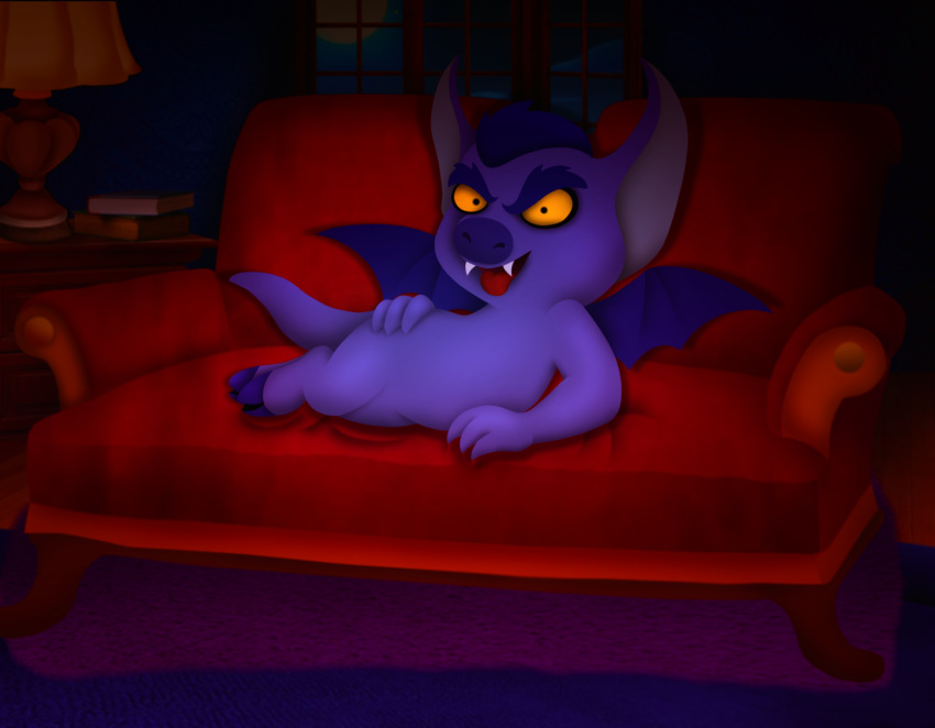 amegared anthro demon detailed_background fangs furniture hi_res humanoid imp imp_(she-ra) inside lying male masters_of_the_universe mattel night on_side on_sofa reclining seductive she-ra:_princess_of_power she-ra_(copyright) sofa solo teeth tongue tongue_out wings