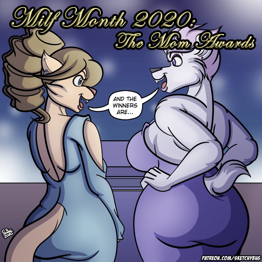 1:1 anthro backless_clothing backless_dress bear big_breasts breasts clothed clothing conditional_dnp dialogue digital_media_(artwork) dress duo english_text felid female hand_on_hip hi_res mammal mature_anthro mature_female polar_bear rear_view shaded sketchybug text trina_park_(sketchybug) ursine vera_korzynski