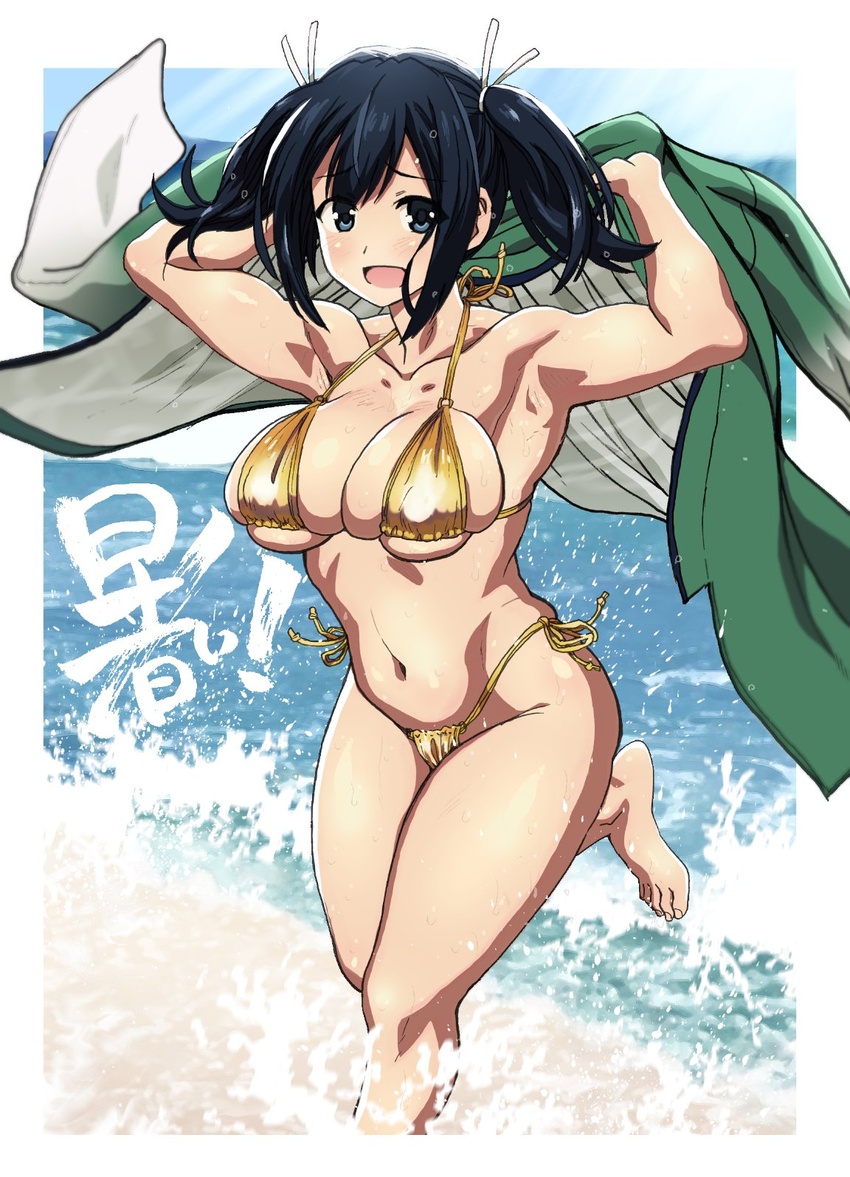 armpits beach bikini blue_eyes blue_hair breasts cleavage dagashi_(place) dark_blue_hair female gold_bikini green_kimono highres japanese_clothes kantai_collection kimono large_breasts looking_at_viewer navel no_shoes ocean open_mouth smile solo souryuu_(kancolle) swimsuit toes twintails underboob upper_body