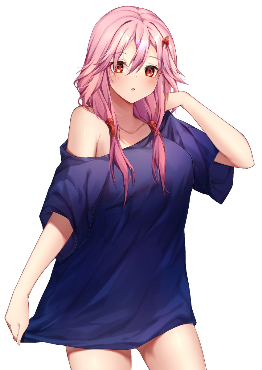 alternate_costume blue_shirt blush collarbone cowboy_shot female guilty_crown hair_between_eyes hair_ornament hair_over_shoulder hairclip hand_in_own_hair highres long_hair looking_at_viewer low_twintails off-shoulder_shirt off_shoulder open_mouth pink_hair red_eyes shirt short_sleeves simple_background solo standing tsukichan_(maynyan23) twintails white_background yuzuriha_inori