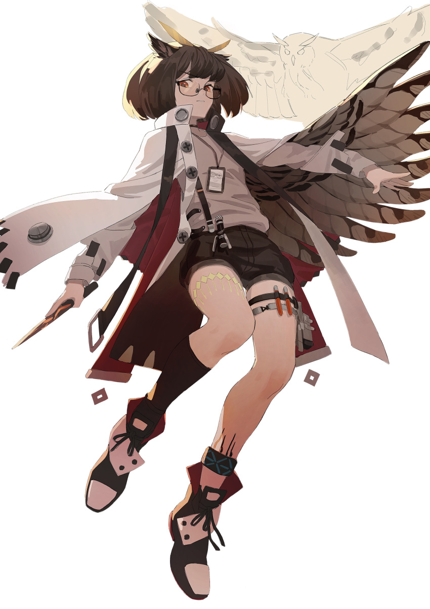 absurdres anklet arknights bird bird_wings black-framed_eyewear black_choker black_footwear black_shorts black_socks boots brown_hair chinese_commentary choker coat commentary feather_hair feathers female flat_chest floating full_body glasses grey_shirt highres holster jacket jacket_on_shoulders jewelry kneehighs lanyard long_sleeves looking_at_viewer material_growth orange_eyes oripathy_lesion_(arknights) outstretched_hand owl owl_ears parted_lips rhine_lab_logo round_eyewear rui_(rei_leyi) semi-rimless_eyewear shirt short_hair short_shorts shorts silence_(arknights) simple_background single_kneehigh single_sock socks solo test_tube thigh_holster thigh_strap thighs white_background white_coat wings