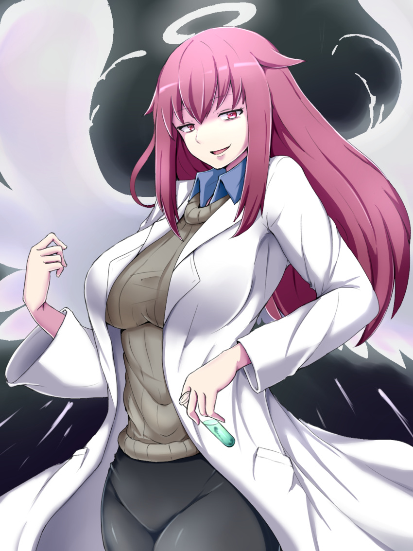 angel angel_wings black_background breasts collared_shirt commentary_request cowboy_shot female hair_between_eyes half-closed_eyes halo highres holding holding_test_tube lab_coat large_breasts long_hair looking_at_viewer mon-musu_quest! open_mouth promestein raichi_(ddq0246) red_eyes red_hair shirt sidelocks simple_background smile solo sweater test_tube wing_collar wings