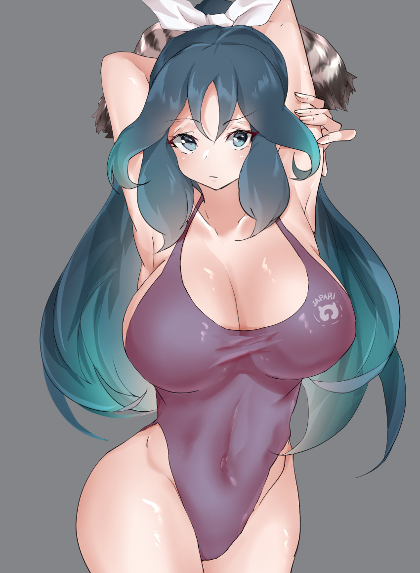 armpits arms_behind_head bare_shoulders black_hair black_one-piece_swimsuit blue_eyes breasts covered_navel female green_hair highleg highleg_swimsuit highres huge_breasts japari_symbol kako_(kemono_friends) kemono_friends long_hair looking_at_viewer multicolored_hair one-piece_swimsuit solo swimsuit wifi1981321