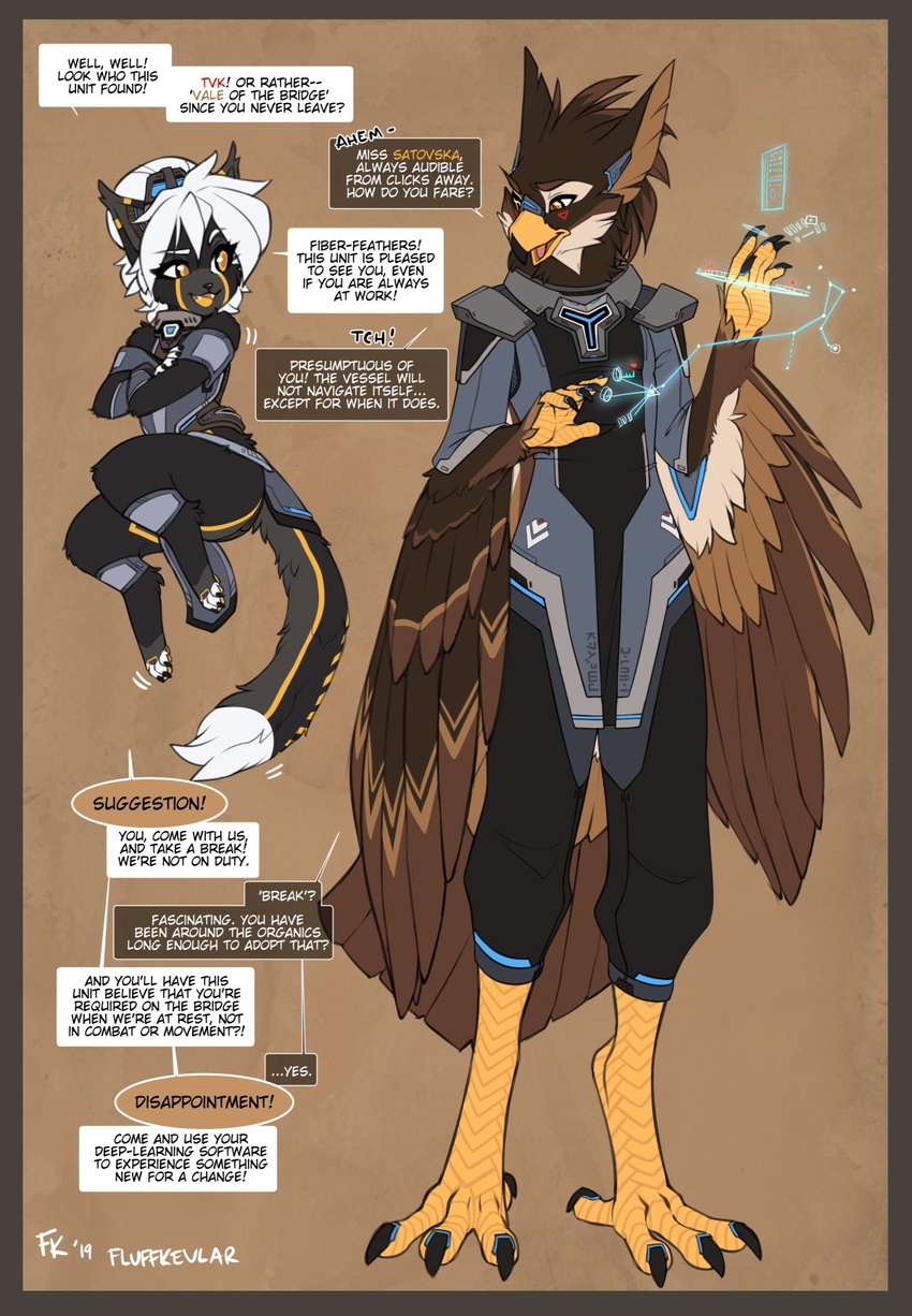 2019 android anthro avian barefoot beak black_body black_fur black_nose border brown_body brown_feathers clothed clothing conditional_dnp dialogue domestic_cat duo english_text feathers feet felid feline felis female fluff-kevlar fur hair hi_res machine male mammal orange_border robot short_stack talons text toes vale_(fluff-kevlar) warning_(fluff-kevlar) white_body white_fur white_hair yellow_body yellow_eyes yellow_fur