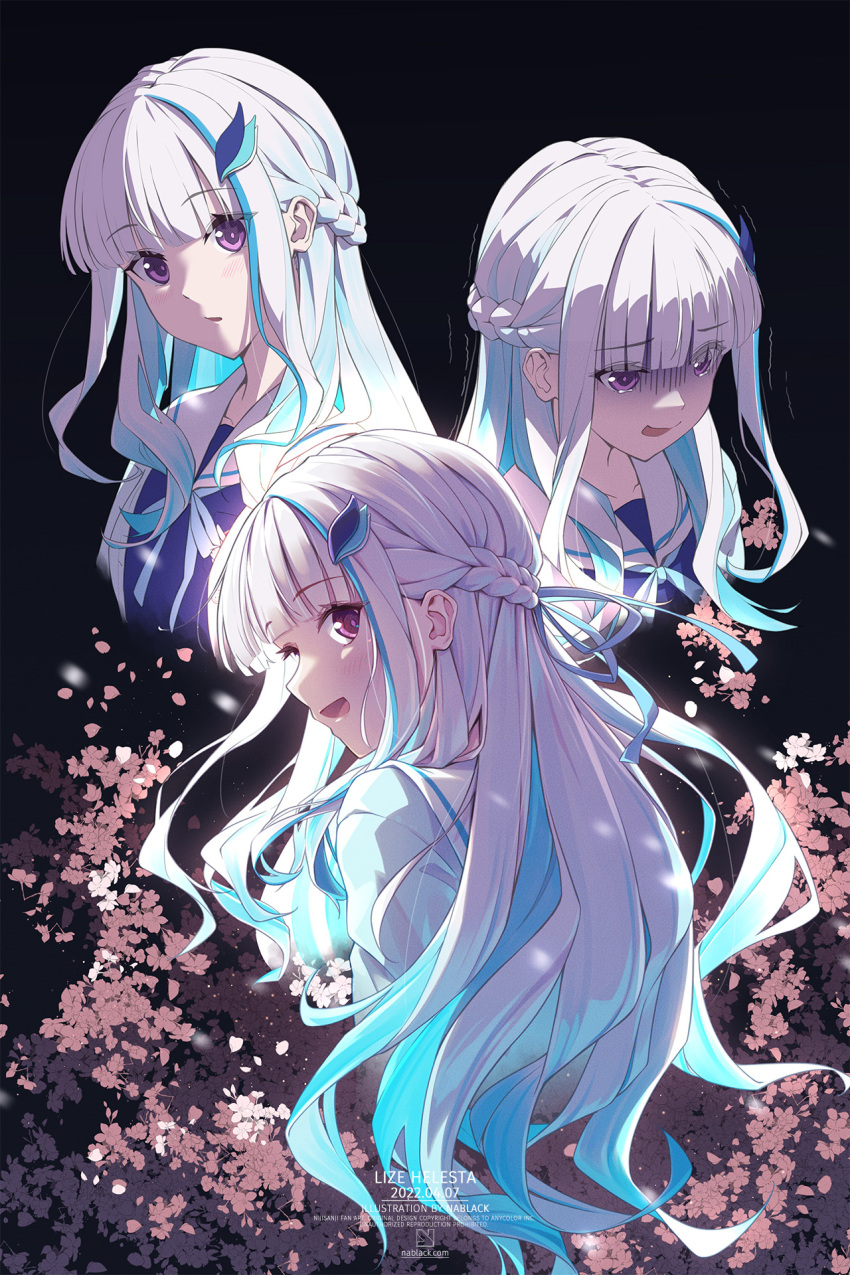 :d blue_hair blue_shirt braid character_name dated female flower glowing hair_ornament highres kuro-kun_(nablack) lize_helesta lize_helesta_(4th_costume) long_hair looking_at_viewer looking_away looking_back multicolored_hair multiple_views nijisanji open_mouth parted_lips petals pink_flower purple_eyes sailor_collar shaded_face shirt smile two-tone_hair virtual_youtuber white_hair white_sailor_collar