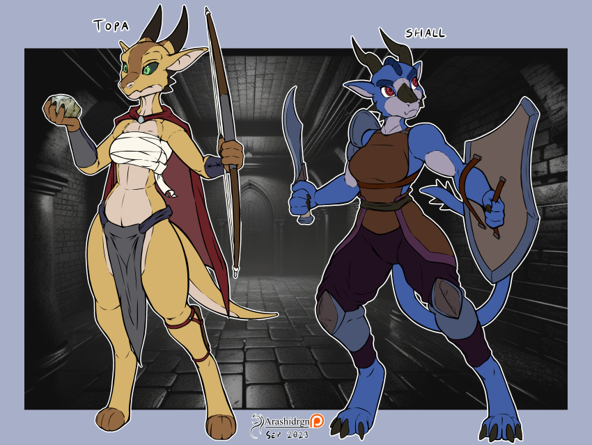 2023 absurd_res arashidrgn black_sclera blue_body clothed clothing duo english_text female green_eyes hi_res horn kobold red_eyes scales scalie tail text yellow_body