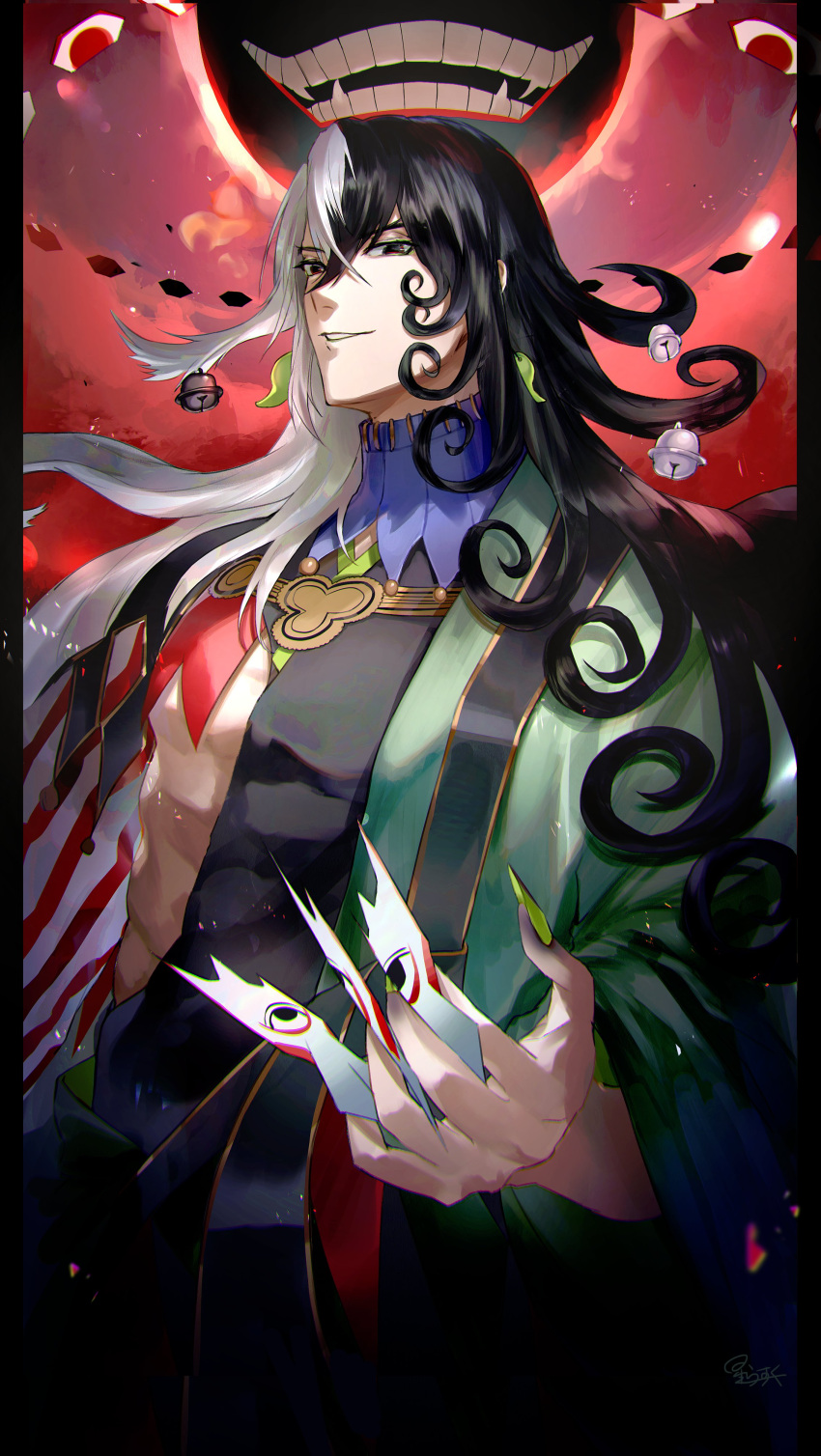 1boy abs absurdres akimitsu-dono ashiya_douman_(fate) asymmetrical_clothes asymmetrical_hair bell black_eyes black_hair covered_abs cowboy_shot curly_hair earrings extra_eyes eyeshadow fate/grand_order fate_(series) fingernails floating giant giant_monster green_eyeshadow green_kimono green_lips green_nails hadanugi_dousa hair_bell hair_between_eyes hair_intakes hair_ornament highres hoshi_rasuku japanese_clothes jewelry kimono lipstick long_hair magatama magatama_earrings makeup male_focus monster multicolored_hair open_clothes open_kimono pectorals ribbed_sleeves sharp_fingernails shikigami solo split-color_hair toned toned_male two-tone_hair very_long_fingernails very_long_hair white_hair