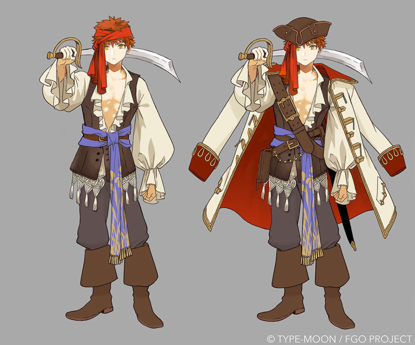 1boy boots brown_footwear coat coat_on_shoulders concept_art cutlass emiya_shirou fate/grand_order fate_(series) grey_background hat holding holding_weapon long_sleeves looking_at_viewer male_focus official_alternate_costume official_art orange_hair pirate pirate_hat senji_muramasa_(fate) senji_muramasa_(treasure_of_the_caribbean)_(fate) shirahama_kamome simple_background solo sword tricorne weapon yellow_eyes