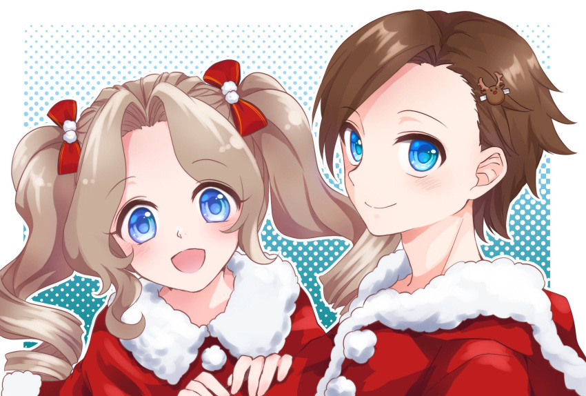 1boy :d asymmetrical_bangs blue_background blue_eyes brother_and_sister brown_hair capelet chiaki1126iove christmas commentary drill_hair female fur-trimmed_capelet fur-trimmed_jacket fur_trim genderswap_(ftm) genderswap_(mtf) hair_intakes hair_ornament hair_ribbon highres jacket katarina_claes keith_claes light_blush looking_at_viewer medium_hair open_mouth otome_game_no_hametsu_flag_shika_nai_akuyaku_reijou_ni_tensei_shite_shimatta outline polka_dot polka_dot_background red_capelet red_jacket red_ribbon reindeer_hair_ornament ribbon rule_63 santa_costume short_hair siblings side-by-side smile step-siblings twin_drills twintails white_outline